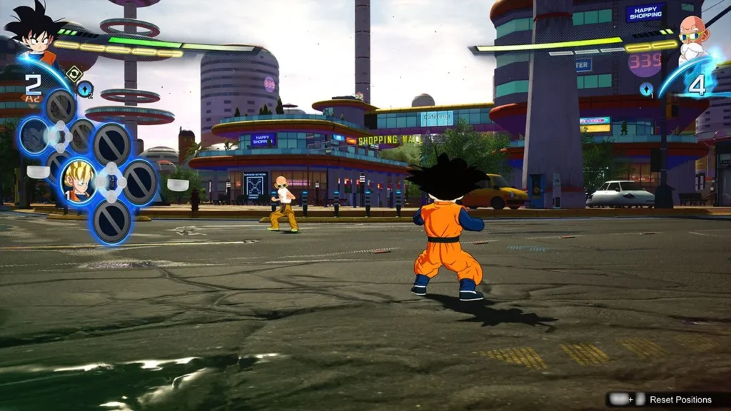Goku steht einem Gegner in einer Stadtarena mit Einkaufszentrum gegenüber.