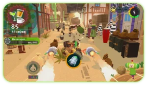 Katamari rollt durch eine thematisch gestaltete Spielumgebung aus Once Upon A KATAMARI.