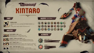 Kintarō und Kuma auf der offiziellen Ravenswatch-Fähigkeitenübersicht mit Talent- und Ultimate-Symbolen.