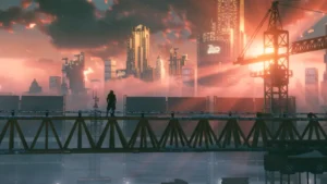 Eine Figur steht auf einer Brücke vor der orange beleuchteten Skyline von Phoenix City in REPLACED.