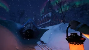 Verschneites Anwesen unter Polarlichtern in The Killing Stone