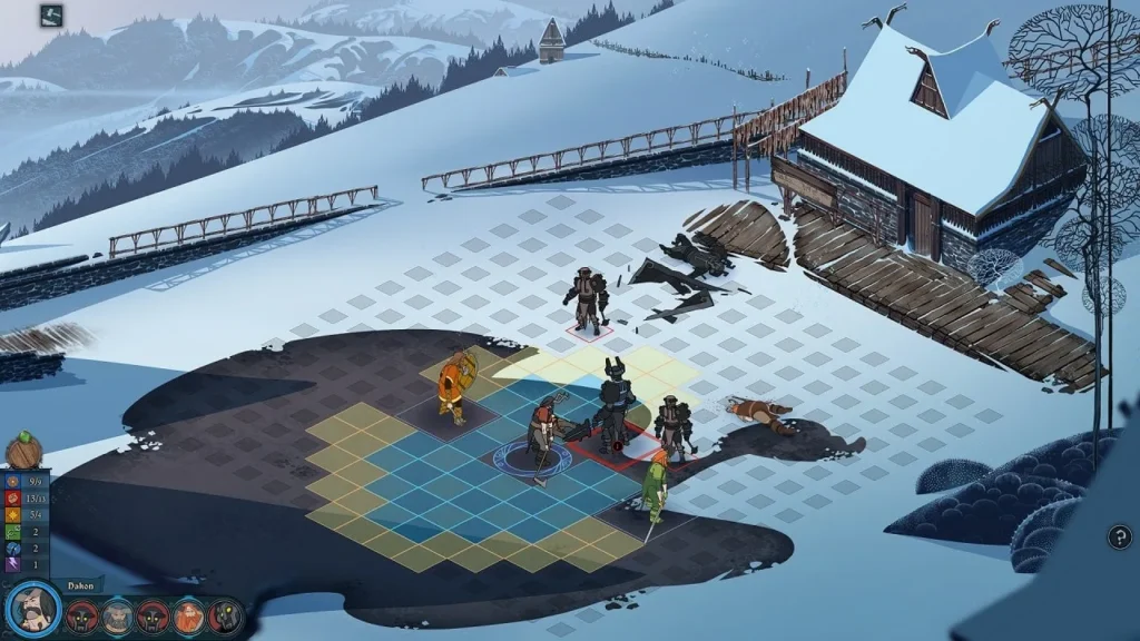 Figuren stehen in einem taktischen Gefecht auf einem verschneiten Spielfeld von The Banner Saga.