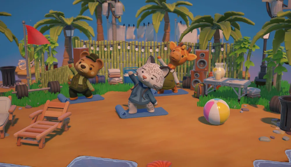 Tierische Bewohner machen Yoga in einem Strand-Diorama mit Palmen und einem Liegestuhl.