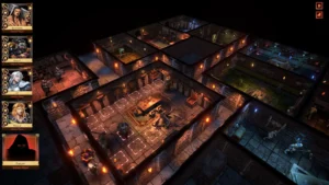 Eine Draufsicht auf mehrere Kerkerkammern in HeroQuest: Digital Edition mit den vier Helden und Zargon links am Bildschirm.