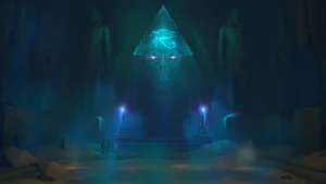 Dunkle Tempelhalle mit blauen Lichtquellen und einem leuchtenden dreieckigen Symbol über dem Durchgang.
