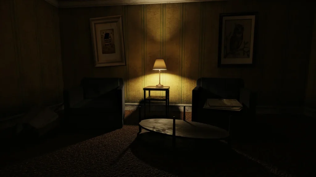 Ein von einer Lampe erhellter Raum mit Sesseln und Tisch aus Left 4 Dead RTX.