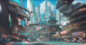 Konzeptillustration einer futuristischen Stadt mit hohen Gebäuden und Leuchtreklamen aus Zenith.
