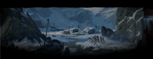 Verlassener verschneiter Hafen auf Cauldron Island in The Long Dark: Iron Road.