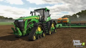 John-Deere-Traktor mit Feldmaschine auf einem Acker in Farming Simulator 25.